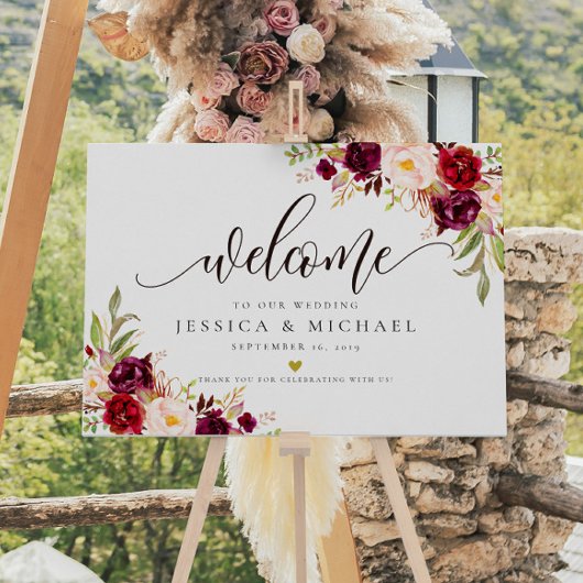 Marsala Burgundy Floral Wedding Welkom Poster