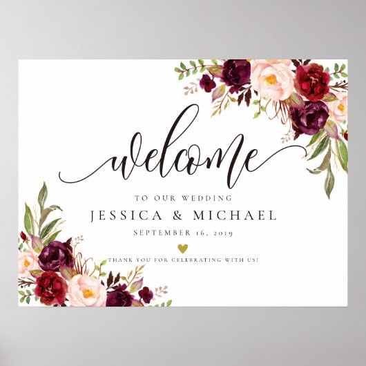 Marsala Burgundy Floral Wedding Welkom Poster (Voorkant)