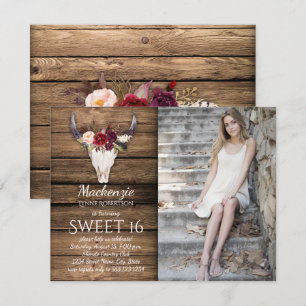Marsala Burgundy Flowers Cow Skull Foto Sweet 16 Kaart