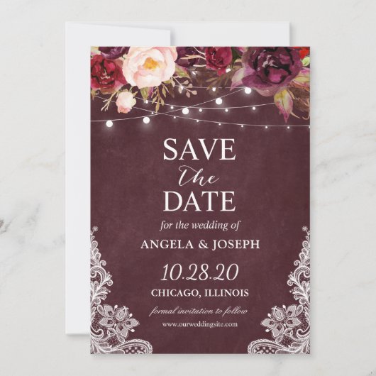 Marsala Burgundy Lace Floral String Lights Wedding Save The Date (Voorkant)