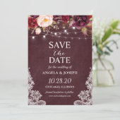Marsala Burgundy Lace Floral String Lights Wedding Save The Date (Staand voorkant)