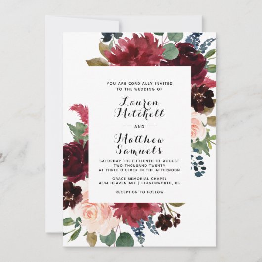 Marsala Burgundy Navy Wedding Invitation Kaart (Voorkant)