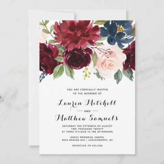 Marsala Burgundy Navy Wedding Invitation Kaart (Voorkant)