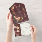 Marsala Burgundy Peach Waterverf Floral All In One Uitnodiging (Afscheurbaar)