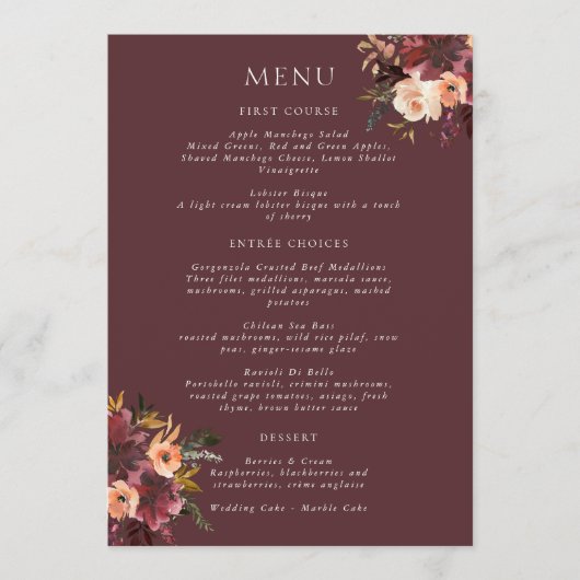 Marsala Burgundy Peach Waterverf Floral Menu (Voorkant)