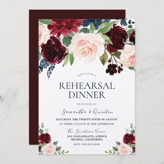 Marsala Burgundy Red Blush Floral repesal Dinner Kaart (Voorkant / Achterkant)