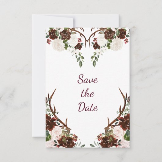 Marsala Burgundy Red Boho Antlers Foto Save The Date (Voorkant)