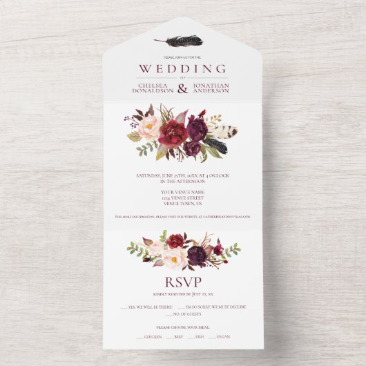 Marsala Burgundy Red Boho Floral | All In One Uitnodiging (Binnen)