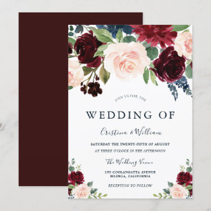 Marsala Burgundy Red en Blush Floral Wedding Kaart