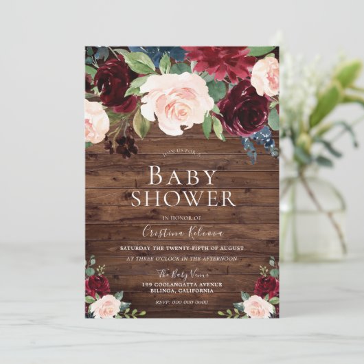 Marsala Burgundy Red en Blush Rustic Baby shower Kaart (Staand voorkant)
