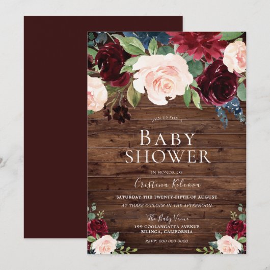 Marsala Burgundy Red en Blush Rustic Baby shower Kaart (Voorkant / Achterkant)