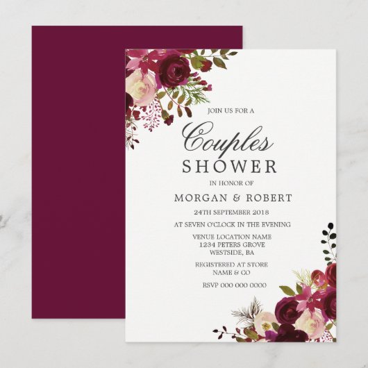 Marsala Burgundy Red Floral Couples Shower Kaart (Voorkant / Achterkant)