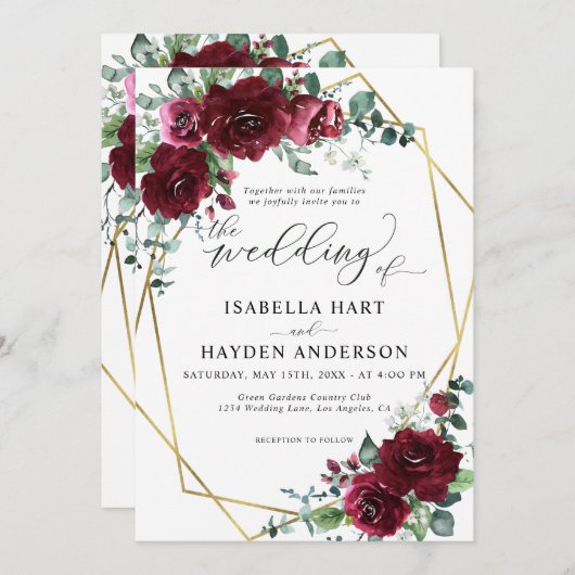 Marsala Burgundy Red Floral Gold Lijst Weddenschap Kaart (Voorkant / Achterkant)