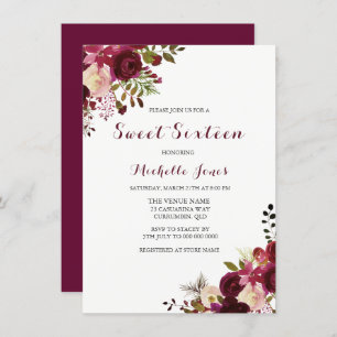 Marsala Burgundy Red Floral Spring Sweet 16 Invite Kaart