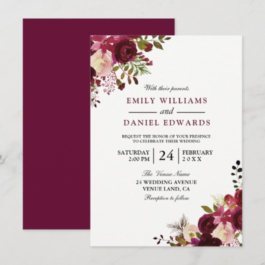 Marsala Burgundy Red Floral Wedding Kaart (Voorkant / Achterkant)