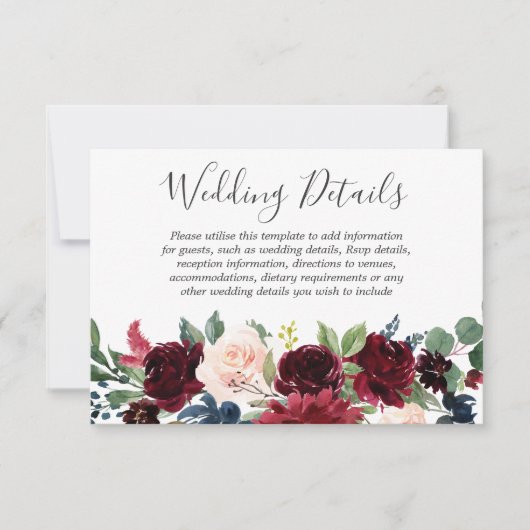 Marsala Burgundy Red Wine Floral Wedding Details RSVP Kaartje (Voorkant)