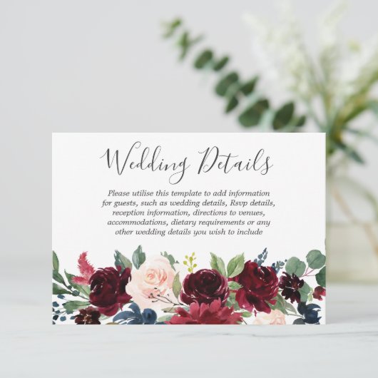 Marsala Burgundy Red Wine Floral Wedding Details RSVP Kaartje (Staand voorkant)