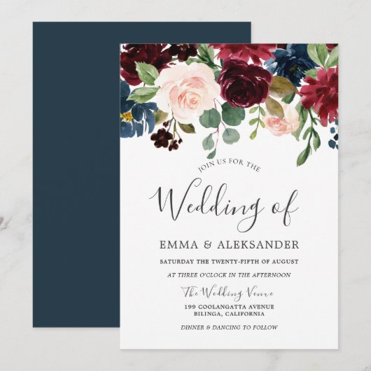 Marsala Burgundy Red Wine Floral Wedding Invite Kaart (Voorkant / Achterkant)