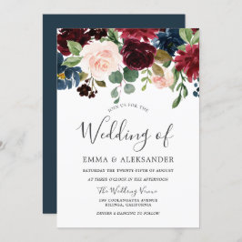 Marsala Burgundy Red Wine Floral Wedding Invite Kaart