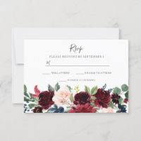 Marsala Burgundy Red Wine Floral Wedding RSVP