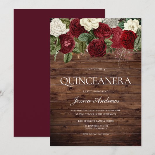 Marsala Burgundy Rustic Red Rose Quinceanera Kaart (Voorkant / Achterkant)