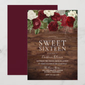 Marsala Burgundy Rustic Red Rose Sweet 16 Party Kaart (Voorkant / Achterkant)
