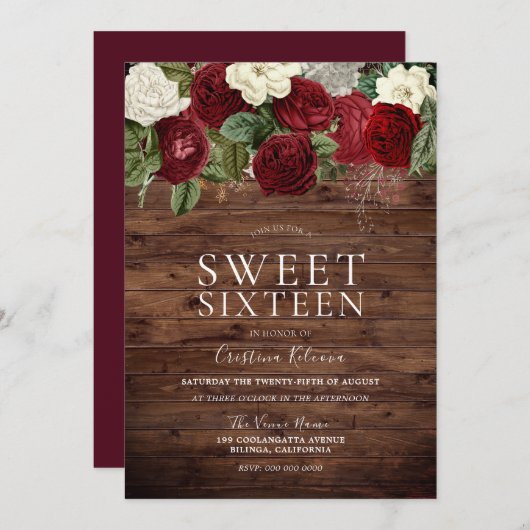 Marsala Burgundy Rustic Red Rose Sweet 16 Party Kaart (Voorkant / Achterkant)