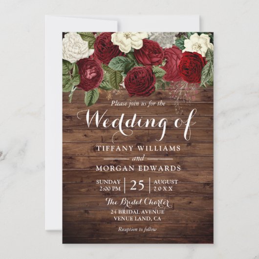 Marsala Burgundy Rustic Red Roses Wedding Kaart (Voorkant)