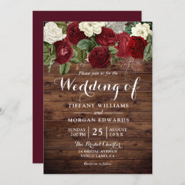 Marsala Burgundy Rustic Red Roses Wedding Kaart