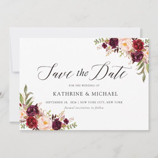 Marsala Burgundy Save the Date Kaart (Voorkant)