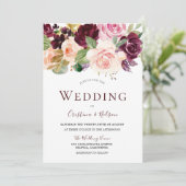 Marsala Burgundy Tropical Floral Wedding Kaart (Staand voorkant)