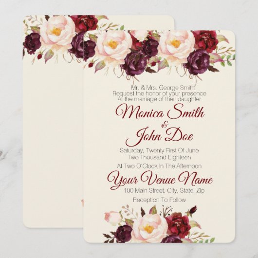 Marsala Burgundy Waterverf Wedding Kaart (Voorkant / Achterkant)