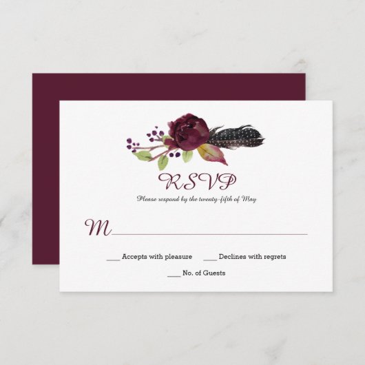 Marsala Burgundy White Roses Boho RSVP (Voorkant / Achterkant)