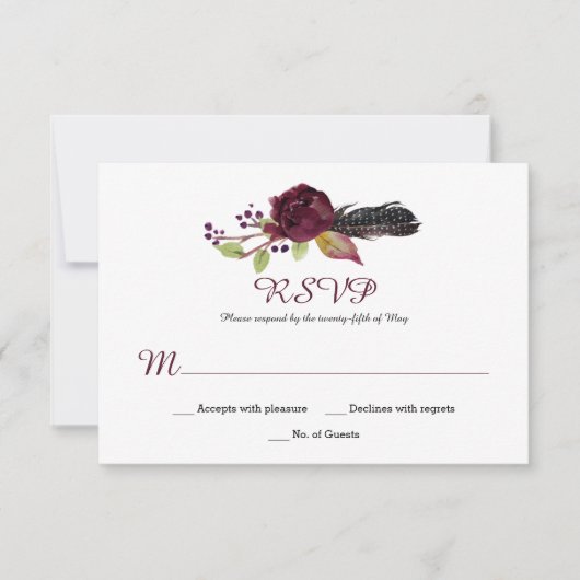 Marsala Burgundy White Roses Boho RSVP Kaartje (Voorkant)