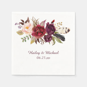 Marsala Burgundy White Roses Feathers Boho Servet