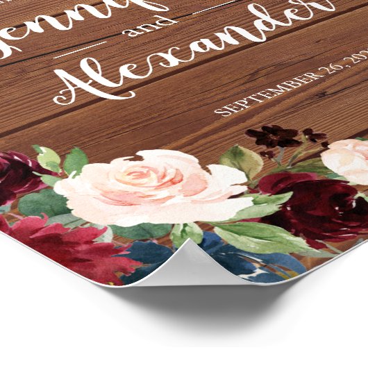 Marsala Burgundy Wood Floral Weddenschap Welkomstt Poster (Hoek)