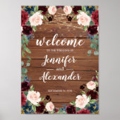 Marsala Burgundy Wood Floral Weddenschap Welkomstt Poster (Voorkant)
