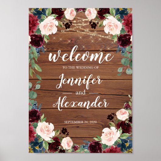Marsala Burgundy Wood Floral Weddenschap Welkomstt Poster (Voorkant)