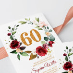 Marsala & Burgundy Wreath 60th Birthday Invitation Kaart<br><div class="desc">Het ontwerp bevat prachtige waterverf florale elementen in de schoppen marsala,  burgundy en eucalyptus greenery,  bladelementen.</div>