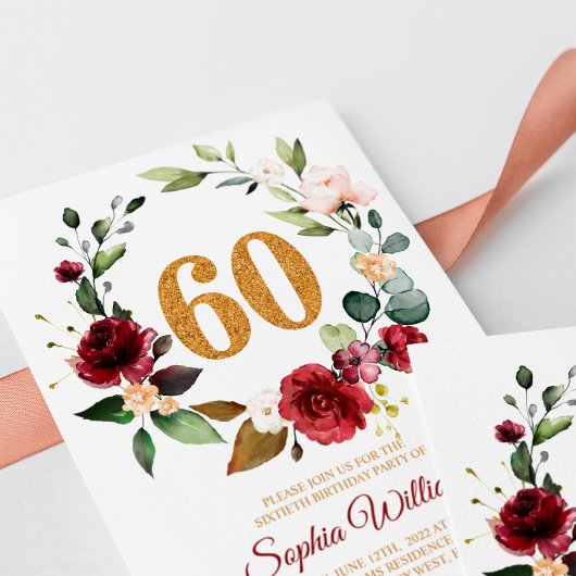 Marsala & Burgundy Wreath 60th Birthday Invitation Kaart