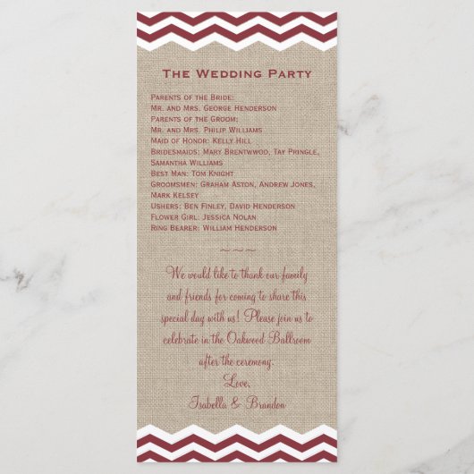 Marsala Chevrons over het Burlap Wedding Programme Programmakaart (Achterkant)