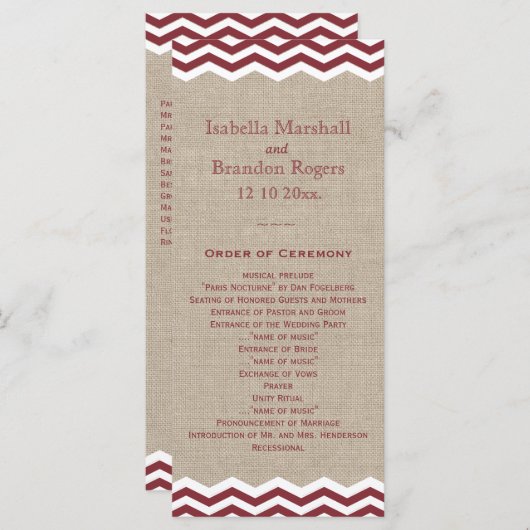 Marsala Chevrons over het Burlap Wedding Programme Programmakaart (Voorkant / Achterkant)