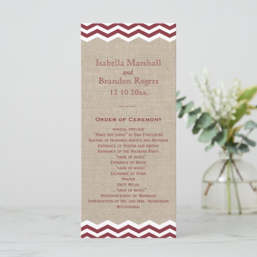 Marsala Chevrons over het Burlap Wedding Programme Programmakaart (Staand voorkant)