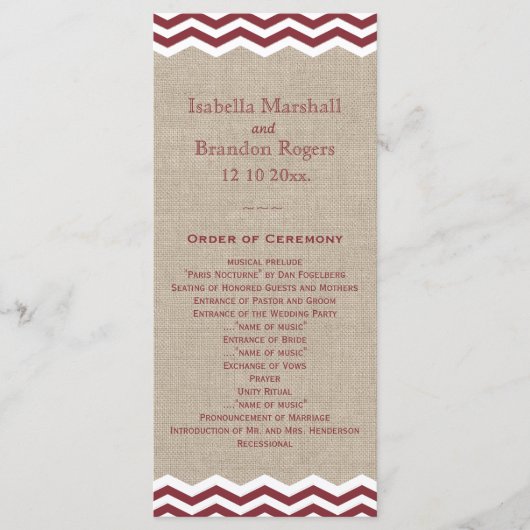 Marsala Chevrons over het Burlap Wedding Programme Programmakaart (Voorkant)