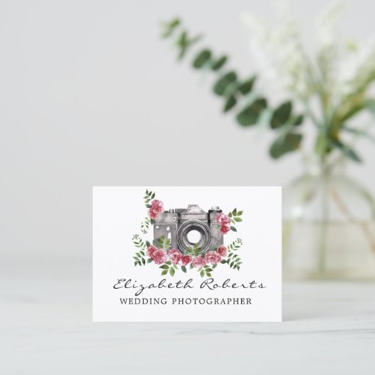 Marsala Chic Floral Camera Weddenschap Fotograaf Visitekaartje (Staand voorkant)