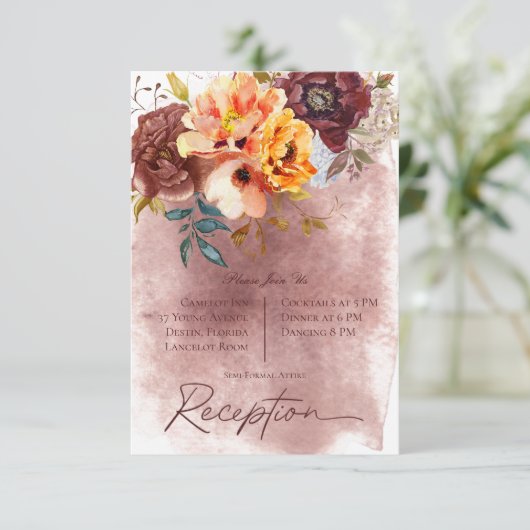 Marsala Clay Geel Boeket Huwelijksreceptie Informatiekaartje (Staand voorkant)