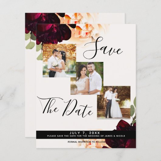 Marsala & Cream Floral Wedding Foto Save the Date (Voorkant / Achterkant)