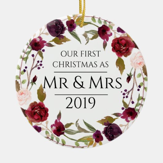 Marsala Eerste Kerstmis als Mr & Mrs. Keramisch Ornament (Voorkant)