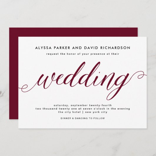 Marsala | Elegant script bruiloft uitnodiging (Voorkant / Achterkant)