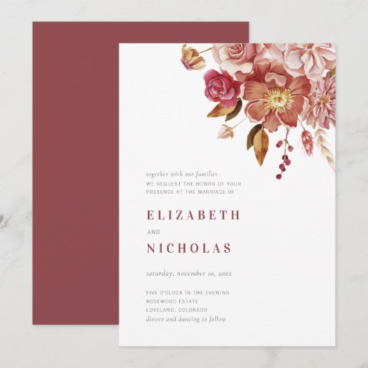Marsala Elegant Waterverf Floral Wedding Kaart (Voorkant / Achterkant)